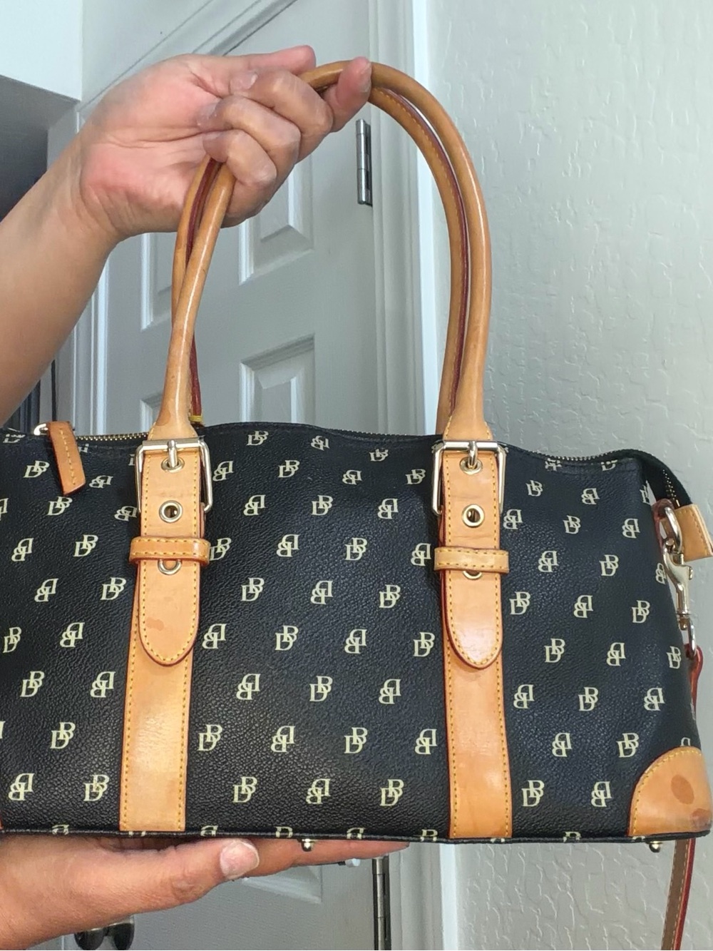 Dooney & Bourke Black Signature Duffel with Tan Trim
